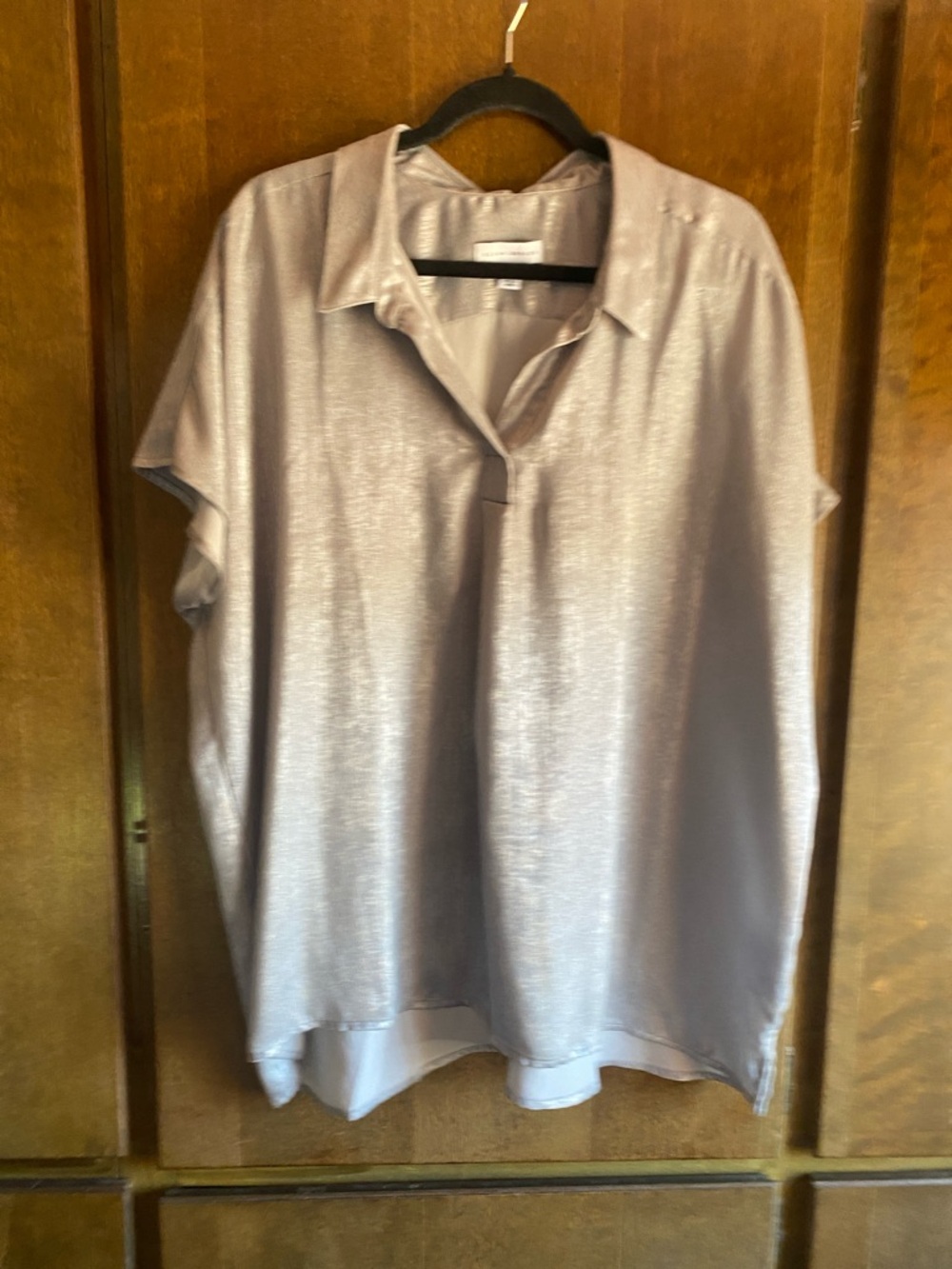 Susan Graver Foiled Woven Pullover Henley Top in soft silver